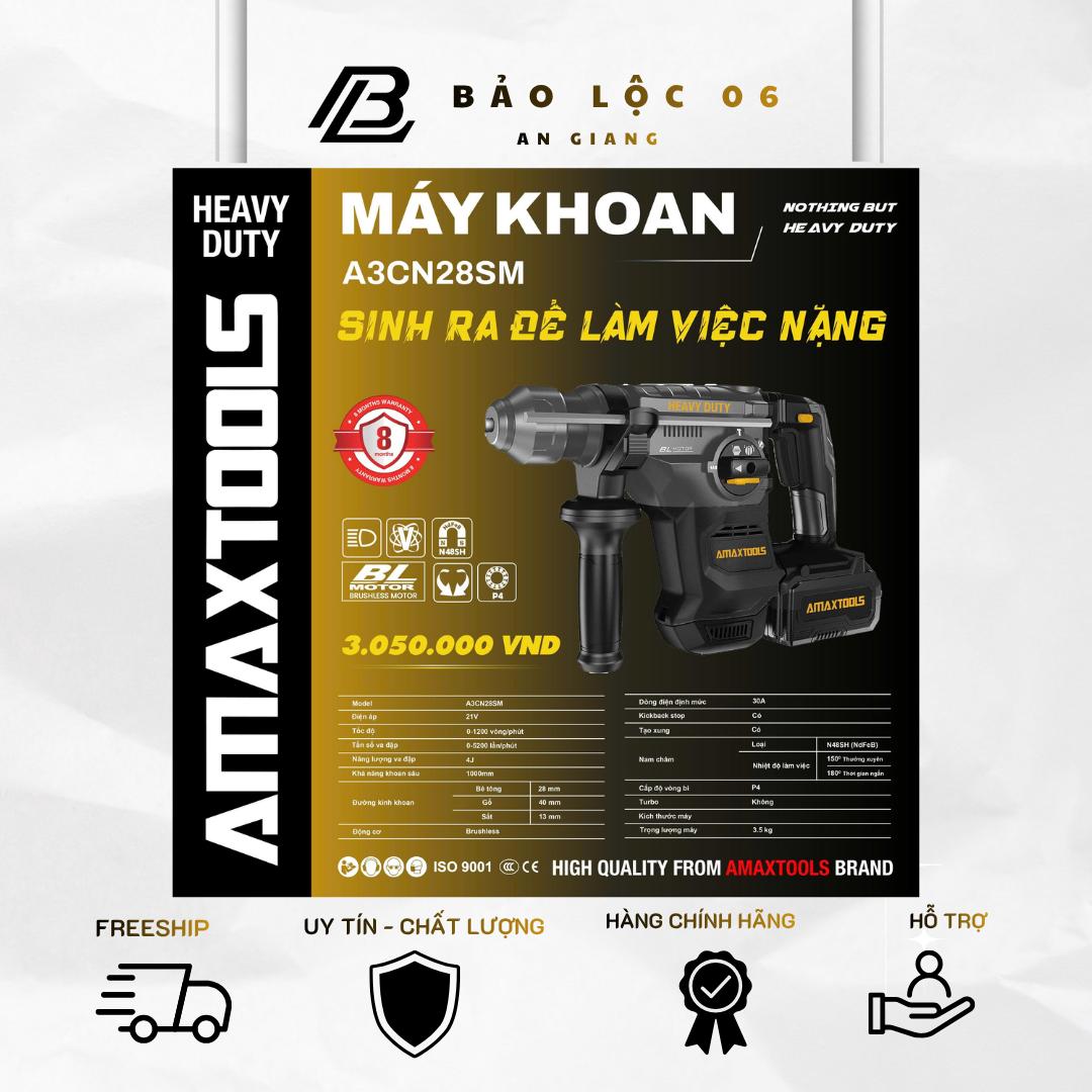 Máy khoan bê tông pin không chổi than AMAXTOOLS A3CN28SM (Heavy Duty 21V – 4J)- có tạo xung- có chống lật cổ tay
