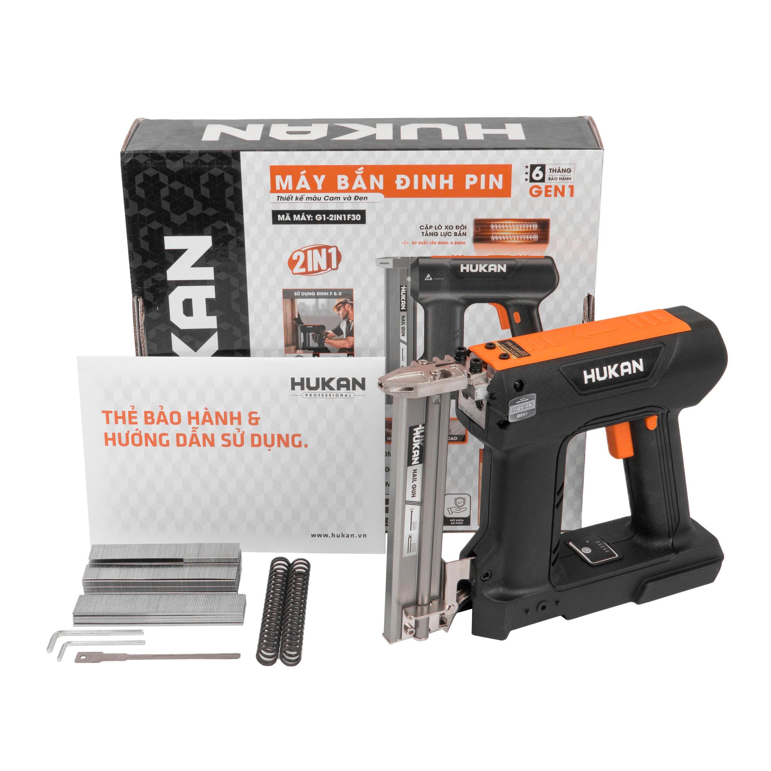 Máy Bắn Đinh Gỗ Pin Hukan G1-2IN1 F30 Bắn Đinh F & U, Động Cơ Không Chổi Than Chân Pin Phổ Thông M21 Bảo Hành 6 Tháng